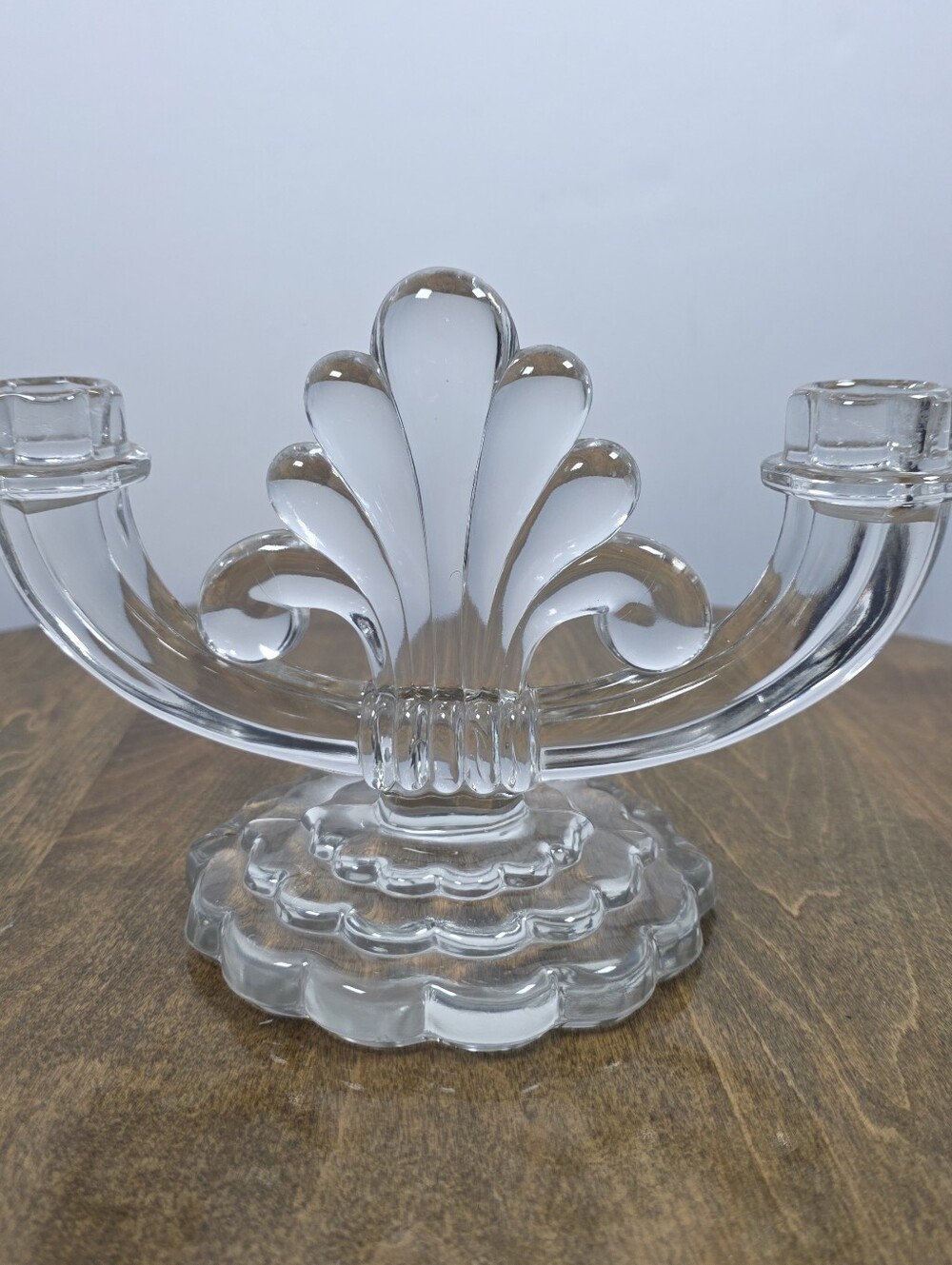 Vintage Glass Fleur-de-lis Tiered Base Pressed Glass Candelabra